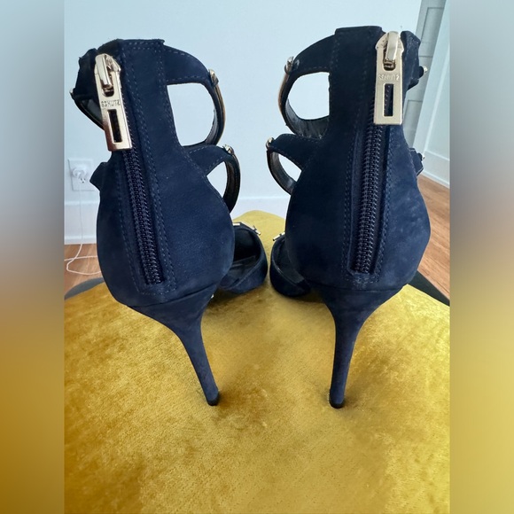 Schutz Sandalia Salto Alto Nobuck Sailfish heels navy/gold size 8 with box - Picture 12 of 16